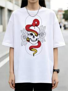 Red Snake Skull White Roses American Traditional Tattoo Retro Cotton Summer Short Sleeve T-Shirt - White - View 7