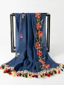1pc Linen Bohemian Embroidered Tassel Scarf/Headscarf, Suitable For Daily Use, Holiday, Travel Essential - Navy Blue - View 1