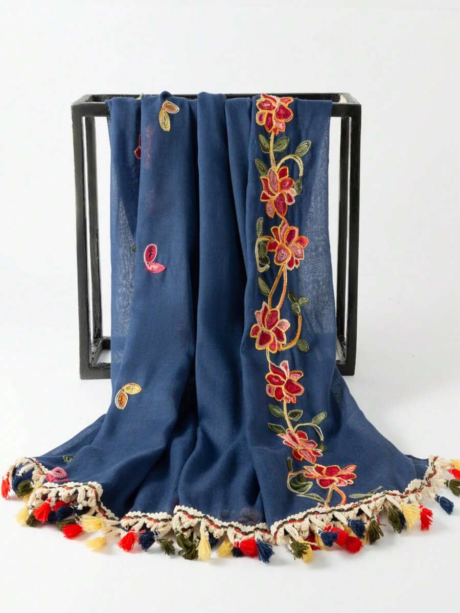 1pc Linen Bohemian Embroidered Tassel Scarf/Headscarf, Suitable For Daily Use, Holiday, Travel Essential - Navy Blue - View 1