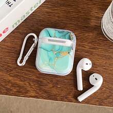 Diseño minimalista con patrón de mármol con 1 mosquetón, compatible con funda protectora Bluetooth para auriculares Apple 4, Pro 2/3/4, funda protectora anti-caída para auriculares - Azul Cadete - Ver 4