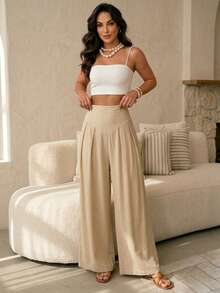 Elegant High-Waisted Palazzo Pants In Microfiber Fabric - 2026 - Nude - View 1