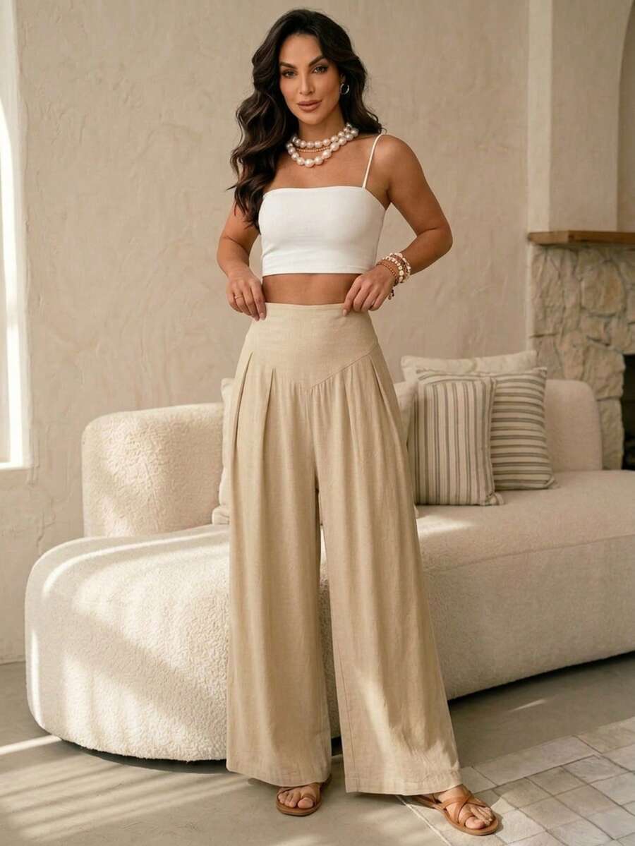 Elegant High-Waisted Palazzo Pants In Microfiber Fabric - 2026 - Nude - View 1