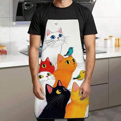1pc Cute Colorful Cat & Bird Print Apron, Soft Handpainted Style Featuring Big-Eyed Cats And Lively Birds, Durable Cooking Apron Suitable For Bakers, Cake Decorators, BBQ Enthusiasts, Gardeners, Artists, Manicurists - Perfect Gift For Home And Professional Chefs
