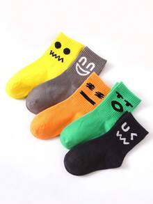 5 Pairs Kids Elastic Smile Face Graphic Mid-Calf Socks, Suitable For All Seasons - Multicolor - View 5