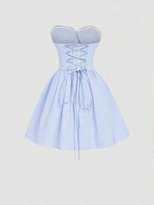 Women's Solid Color Woven A-Line Backless Tie Ruched Elegant Sexy Vacation Dress Summer - Blue - View 3