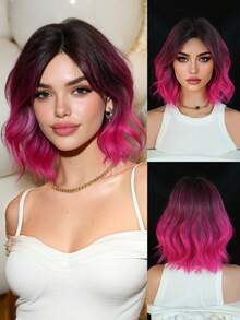 Hot Pink Brown Ombre Short Bob Small To Medium Curls Dark Roots With Nature Bangs 12-Inch Heat-Resistant Synthetic Hair For Party,Daily,Music Festival,Gatherings And Ceremonies - Hot Pink - View 2