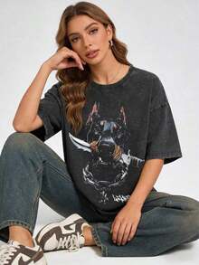 Vintage Oversized T-Shirt With Street Style Cartoon Doberman Print Vintage T Shirts Graphic T Shirttops - 黑色 - 查看 5