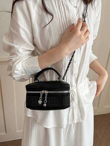 Bolso mini ligero, bolso con cadena, bolso acolchado bordado con decoración de strass, textura elegante adecuada para eventos nocturnos - Negro - Ver 5