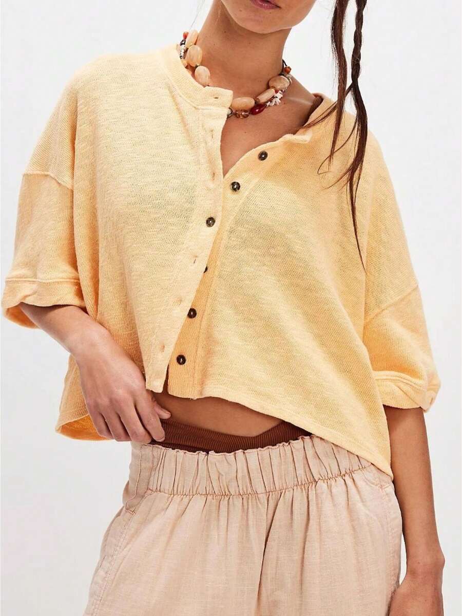 Women Half Sleeve Cropped Cardigan Shirt Short Sleeve Button Down Open Front Crewneck Loose Fit Knit T Shirt Y2k Casual Crop Tops Summer Fall Lightweight Jacket Outwear - Amarillo - Ver 1