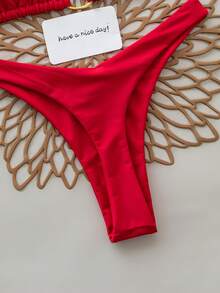 2pcs Solid Color Sexy Backless Tie-Up Bikini Swimwear, Suitable For Beach, Resort, Stage And Concert In Summer Red Vacation - Red - View 4