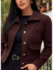 Women's Jacket With Faux Buttons, Woolen Fabric, Winter Fashion - Rust Brown - View 2