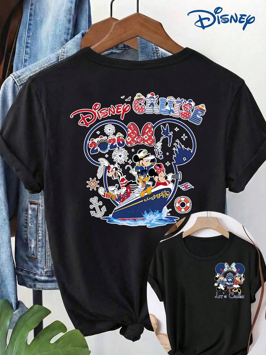 Women'S Short-Sleeve T-Shirt With Double-Sided Printing, Featuring Disney Cruise Cartoon Images. This Casual And Stylish Round-Neck Tee Is Slightly Stretchy, Non-Transparent, Made From Easy-Care Materials, And Perfect For Everyday Wear - màu đen - Xem 1