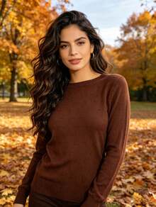 Women's Long-Sleeved Modal Knit Sweater Made From Imported Materials. - Coffee Brown - View 1