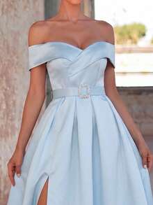 Faeriesty Women's Elegant Fitted Off-Shoulder Satin Maxi Dress - Detachable Rhinestone Belt And Slit Hem | Suitable For Formal Galas, Weddings And Special Occasions - Baby Blue - View 4