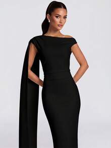 Vestido maxi elegante de unicolor con volantes en el bajo y cremallera, ropa de playa - Negro - Ver 2