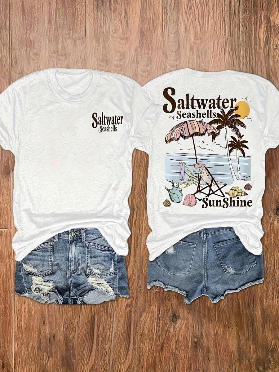 Camiseta Básica Mexicana para Mujer con Estampado de Conchas Marinas y Palmeras de Playa, Top Casual de Manga Corta para Vacaciones, Ropa de Mujer, Nuevo Lanzamiento - Blanco - Ver 1