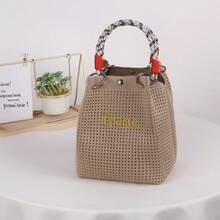 Bolso de mano pequeño de punto calado personalizado para niña, bolso cubo de tejido chic con asa superior, bolso tote cuadrado mini estructurado con detalle de anillo metálico - Multicolor - Ver 15