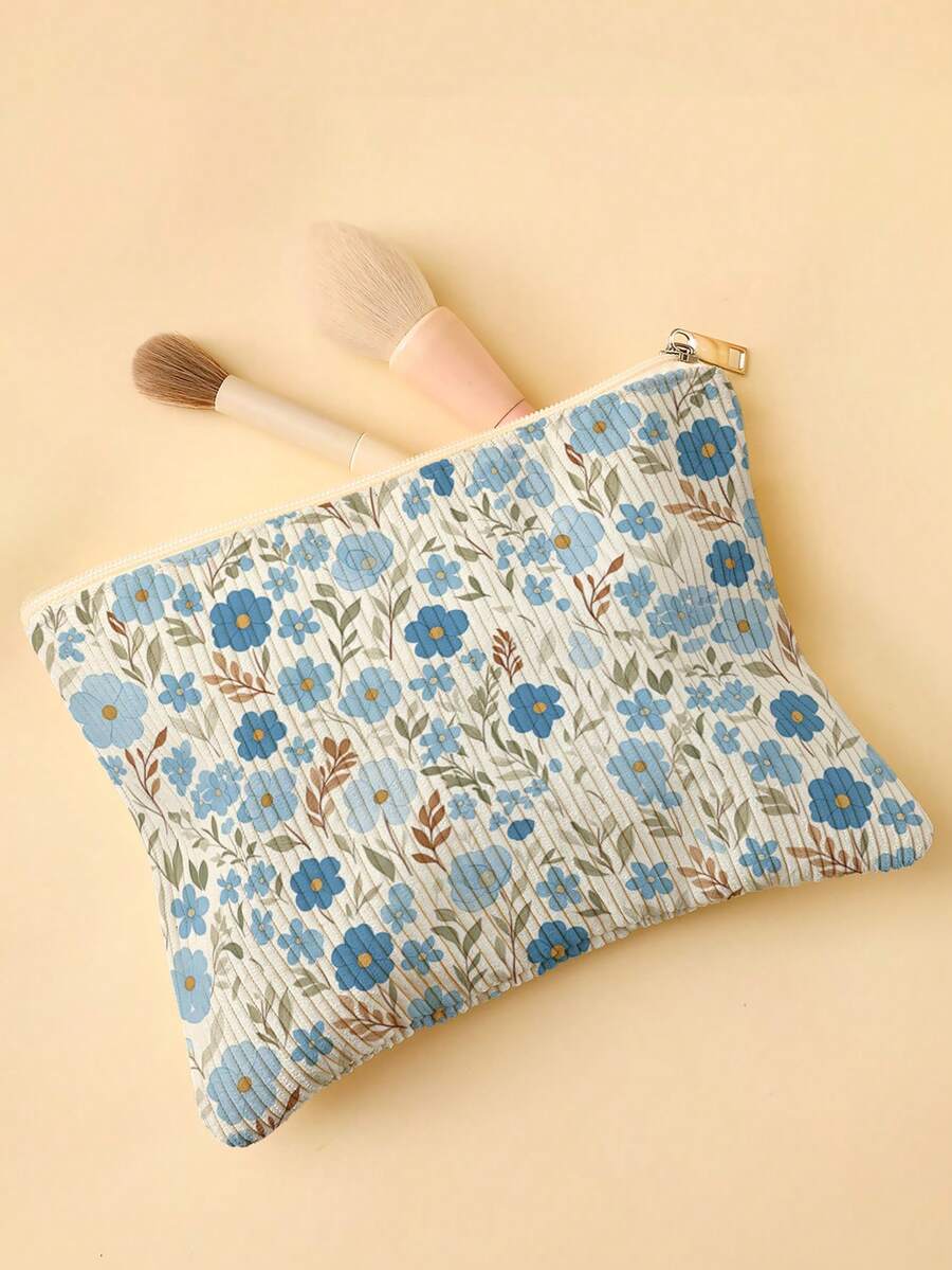 Flowers-Print Multifunctional Corduroy Cosmetic Bag: Foldable, High-Capacity, And Dust-Resistant-Ideal For Daily And Travel Storage. - Multicolor - View 1