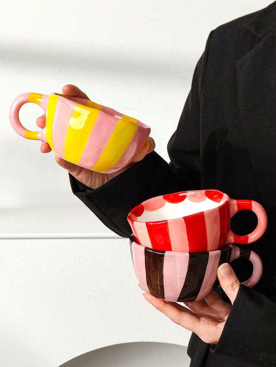 1pc New Retro Underglaze Painted Striped Ceramic Mug, High-Quality Coffee Cup, Afternoon Tea Cup, Breakfast Milk Cup, Office Latte Cup, Flower Tea Cup, Suitable As A Gift For Colleagues, Friends, Girlfriends, Couples, Holiday Gifts