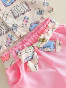 Baby Girls Back-To-School Outfits Book Pencil Print Button Up Shirt And Elastic Shorts With Belt Set - Pink - View 4