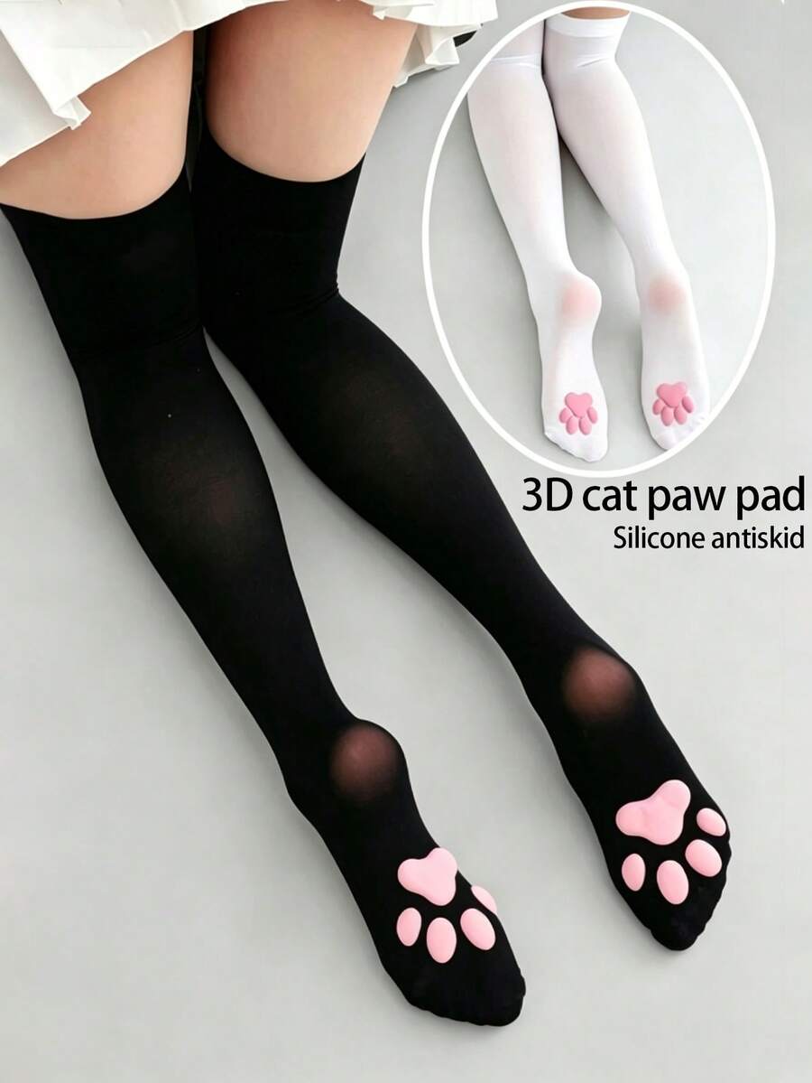 1双夏季女士日系卡通3D猫爪垫长筒袜，JK过膝袜（带猫爪硅胶防滑垫），可爱洛丽塔动漫角色扮演袜 - 彩色 - 查看 1