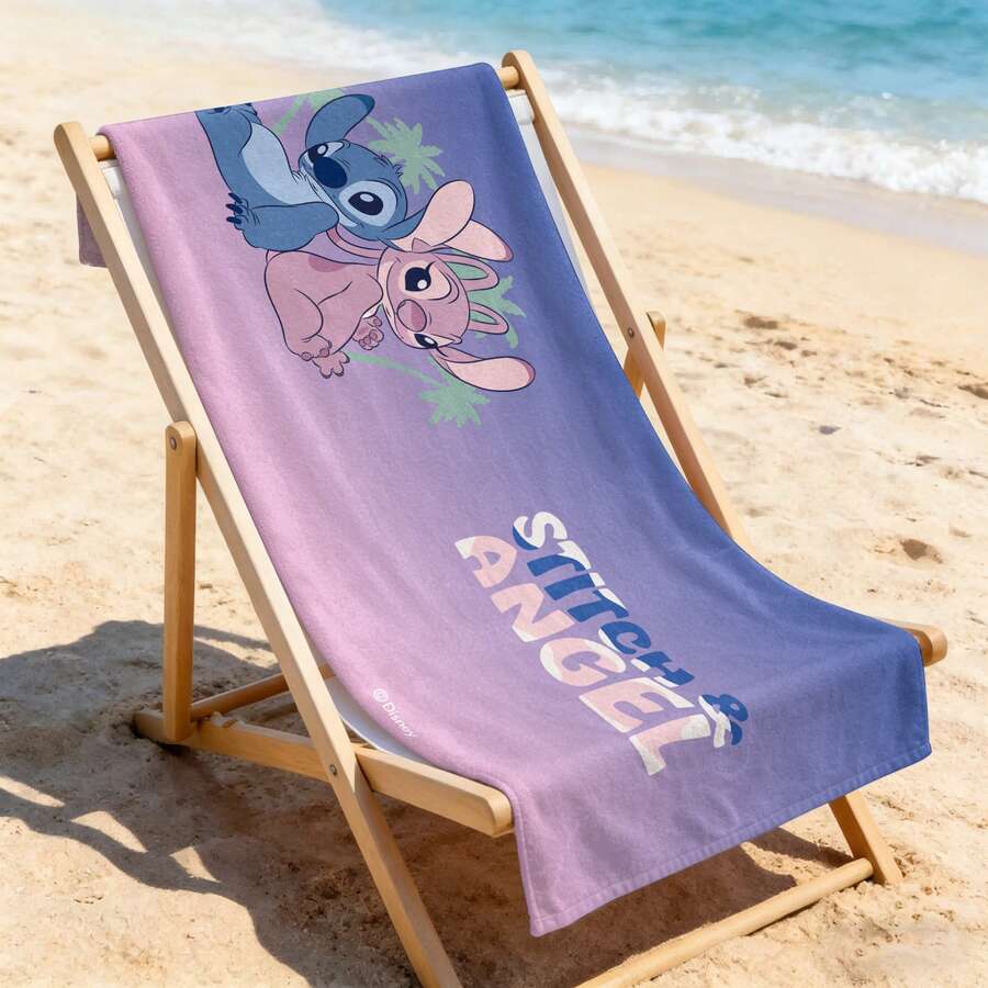 Khăn tắm biển Disney Lilo & Stitch - Khăn tắm biển in họa tiết ombre hồng tím Stitch & Angel, thích hợp cho hồ bơi và bãi biển. - A - Xem 1