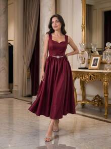 Women's Elegant Solid Color Burgundy Sweetheart Midi Dress With Diamont And Back Detail - Burgundy - View 2