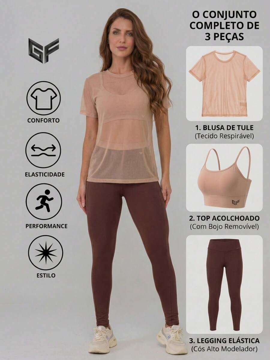 Women's 3-Piece Gym Set | Padded Top + Leggings + Tulle Blouse – Comfort & Elegance, Stylish And Transparency-Free Women's Gym Outfit - 裸體 - 查看 1