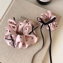 1 buah Pita Satin Polkadot Berkualitas Tinggi Warna Krem & Merah Muda, Scrunchie Besar, Aksesori Rambut Lucu, Elastis & Tahan Lama - Ikat rambut pita motif polkadot merah muda - View 2