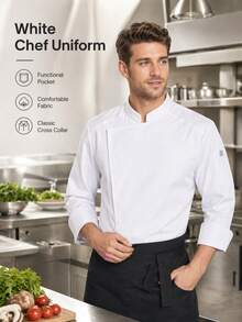 1pc Men's Solid Color Long Sleeve Button Design Mandarin Collar Chef Shirt, Unisex White Chef Uniform Suitable For Kitchen, Bakery, Restaurant And Hotel Work - White - View 7