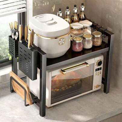 Suporte para forno de micro-ondas, prateleira ajustável com ganchos, capacidade de carga de 45 kg, suporte para forno de micro-ondas para cozinhas, suporte para forno de micro-ondas com função de armazenamento, suporte para forno de micro-ondas de bancada