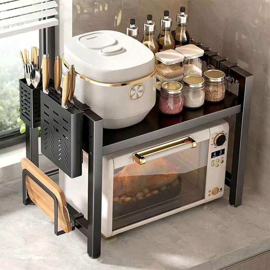 Microwave Oven Rack, Microwave Oven Stand, Adjustable Shelf With Hooks, 100lb Load Capacity Microwave Oven Rack, Microwave Oven Rack For Kitchens, Microwave Oven Rack With Storage Function, Countertop Microwave Oven Rack
