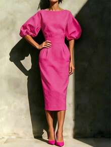 Gaun Kasual Elegan Warna Merah, Kerah Bulat, Lengan Pendek, Panjang Sedang, Saku Samping, Pas Badan dengan Belahan Belakang, Cocok untuk Pesta, Acara Formal Bisnis, Pernikahan, Pakaian Kantor Sehari-hari di Musim Panas - Hot Pink - View 3