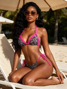 Atutua Bộ bikini buộc dây gợi cảm họa tiết da báo, thích hợp cho kỳ nghỉ hè trên bãi biển. - Màu Hoa hồng đỏ - Xem 8