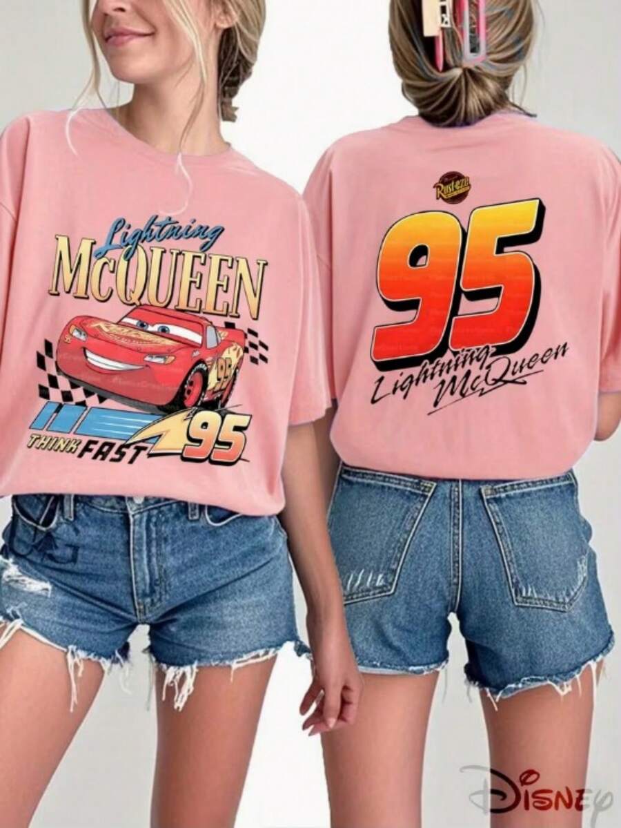 Disney Women's T-Shirt Fashion Cool Racing Style Ladies' Casual Short Sleeves, Disney Lightning McQueen Theme Printed Before And After, Machine Washable, Recommended For Daily Leisure And Commuting, Fashionable Ladies' Spring And Summer Round Neck Short Sleeves. - 粉色 - 查看 1