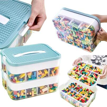 1 set 2 couches de bacs de rangement de jouets avec compartiments, rangement de blocs de construction, boîtes de rangement pour le stockage de briques de construction, bac de rangement empilable en plastique, coffre à jouets, boîte de rangement essentielle
