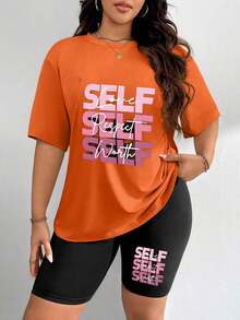 2-Piece Plus-Size Women's Self-Love And Self-Respect Print T-Shirt And Shorts Set. Inspirational Pattern. Casual Everyday Wear. Comfortable And Soft Fabric. Positive Attitude Theme - 橘色 - 查看 5