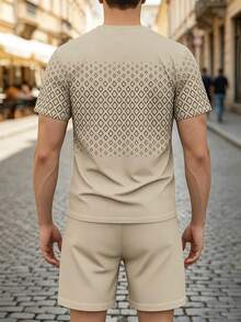 2pcs/Set Men's Casual Geometric Print Short Sleeve T-Shirt And Shorts Set, Summer - Khaki - View 4