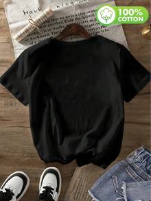 - Women's Casual Short-Sleeved, Round-Neck Shirt - Olive You Print, Breathable And Lightweight Top, Washable, - White Shirt For Casual Wear, - Women's Shirts, Playful Patterned Shirt. - Black - View 3
