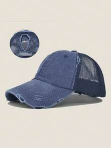 1 pieza Gorra de béisbol vintage lavada y desgastada para mujer, con diseño hueco, adecuada para coleta, versátil para exteriores, casual, deportes, campus, primavera/verano/otoño, protección solar, playa, viaje - A - Ver 11