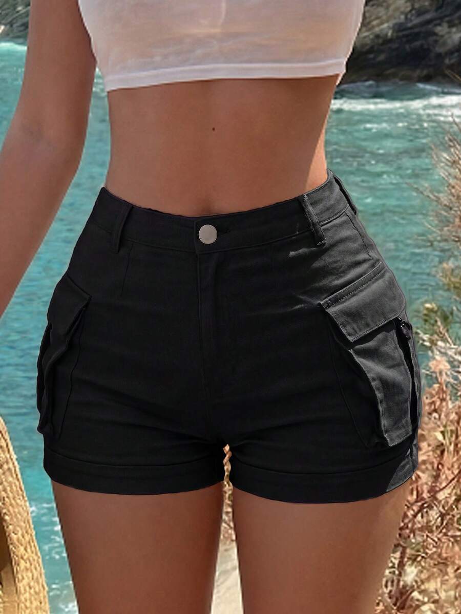 Y2K Style Elastic Waist Back Flap Pocket Decor Cargo Shorts, Casual & Comfortable Summer Hotpants Black - Black - View 1
