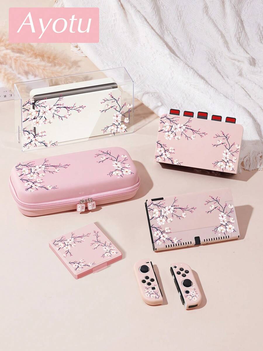 Ayotu Compatible With Switch/Switch OLED/Switch Lite Cherry Blossom Tree Pattern Game Console Shell And Accessories, The Package Includes A Protective Case, Storage Bag, Base Shell, Handle Protective Cover And Other Styles Of Accessories To Choose From.