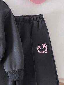 2pcs Baby Girl Cartoon Print Solid Color Sweatshirt And Pants Set, Minimalist Design, Comfortable For Spring, Autumn And Winter - Dark Grey - View 5