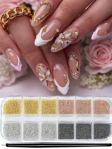12Grids Mixed Gold, Silver, Black, Rose Gold Stainless Steel Metal Bead Nail Art Charms Mini Micro Caviar Balls,Perfect For French Nails, Press On Nails & 3D Nail Art Decorations - Multicolor - View 2