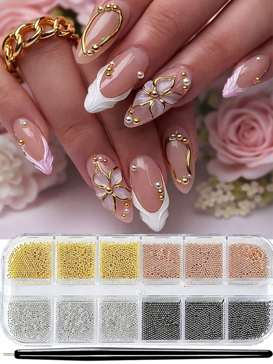 12Grids Mixed Gold, Silver, Black, Rose Gold Stainless Steel Metal Bead Nail Art Charms Mini Micro Caviar Balls,Perfect For French Nails, Press On Nails & 3D Nail Art Decorations