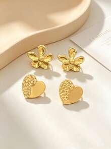 2 pares de pendientes de botón elegantes de acero inoxidable dorado con forma de corazón & flor para mujeres, hipoalergénicos, adecuados para uso diario, vacaciones, viajes, aretes de acero inoxidable - Multicolor - Ver 4