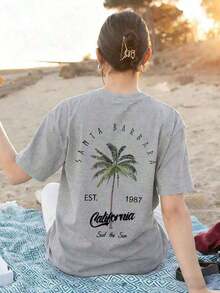TopsWomen's Casual Round Neck Palm Tree & Letter Print Vacation Style Short Sleeve T-Shirt Top, White & Pink Women's Summer Cotton Short Sleeve T-Shirt, Beach Vacation, Literary & Fresh StyleLoose And Comfortablesummer Tops - 淺藍色 - 查看 9