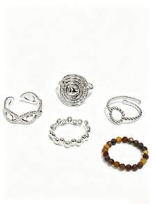 Set de 3/5 anillos geométricos de línea de acero inoxidable, anillos ajustables huecos con piedra natural chapada en oro de 18K - Colocar - Ver 12