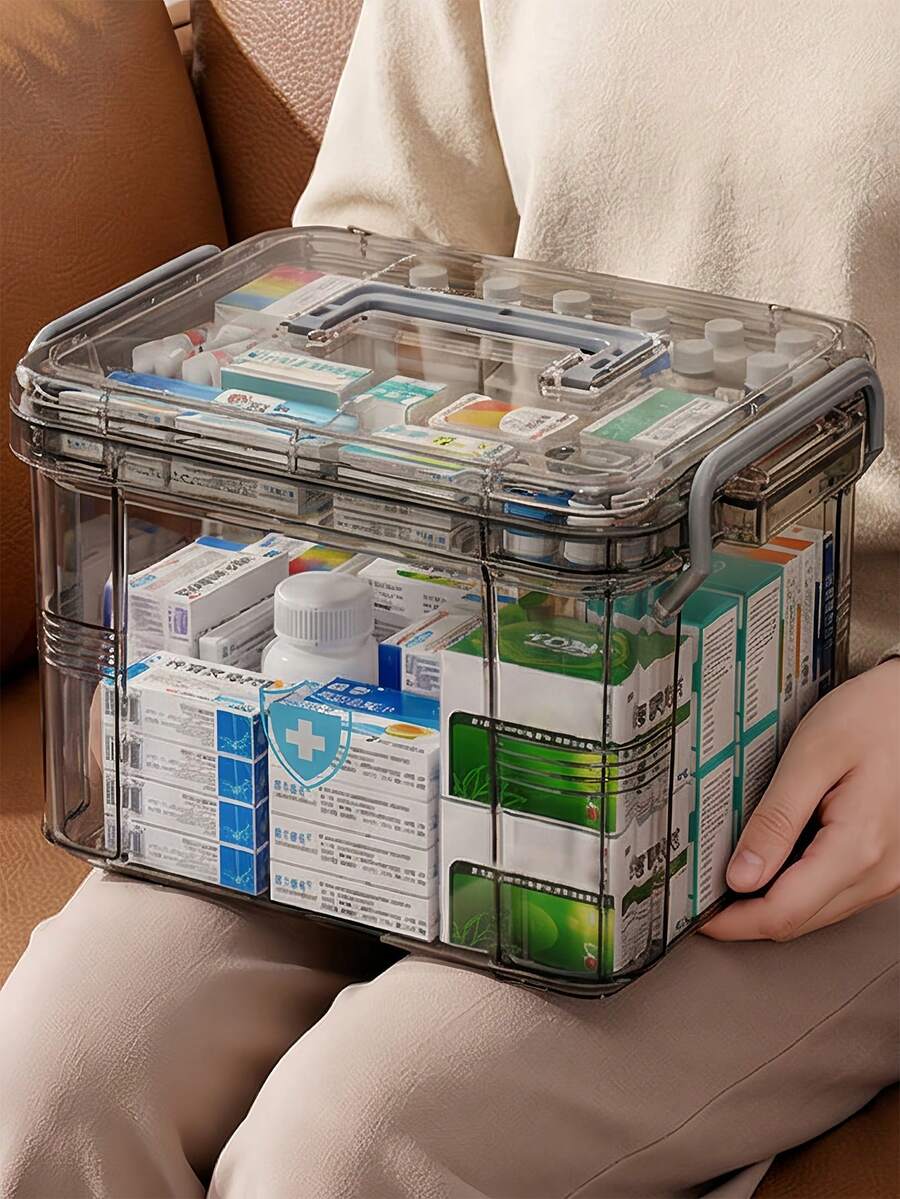 Waterproof Multi-Layer Medicine Storage Box Portable Family Emergency Organizer Family Emergency Organizer Large Capacity Double Layer Transparent PVC Medicine Organizer Box Carrying Case For Home Outdoors Back To School Essential Accessories