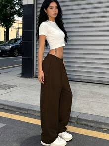 Women's High Waisted Brown Sweatpants Loose Wide Leg Joggers With Elastic Waistband Soft Cotton Knit Fabric Casual Sport Pants For Daily Streetwear Vintage Boho Earthy Style (Local Warehouse Discounts.) - Nâu (Kiểu dáng thể thao) - Xem 2